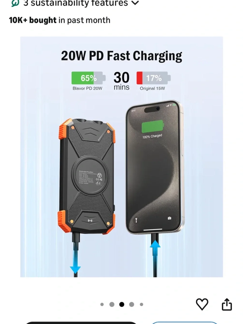 Blavor Solar Power Bank with Wireless Charging - Black & Orange NWT - Picture 3 of 10